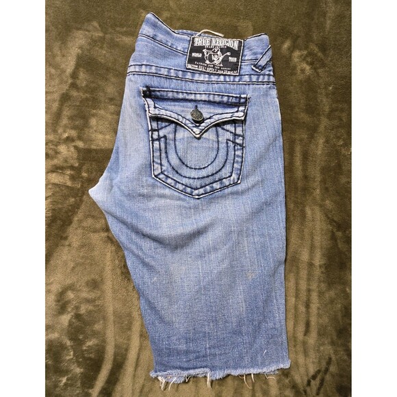 True Religion Shorts Men's 36 Blue Denim Distressed Grunge Biker 5 Pocket - Picture 1 of 4
